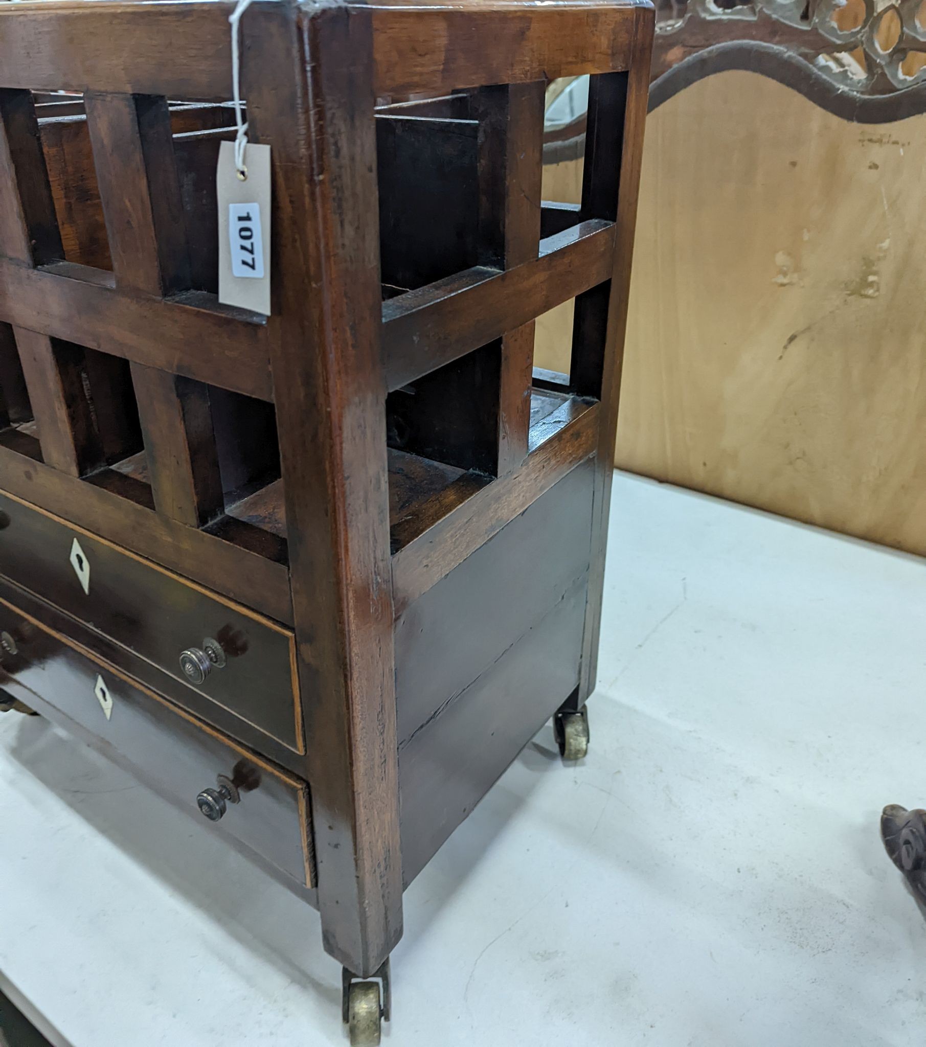 A George III mahogany bottle stand, fitted drawers, width 48cm, depth 33cm, height 62cm